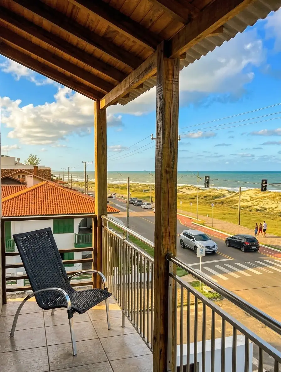 Sacada da pousada com cadeira e vista do mar e da orla da Prainha, em Torres
